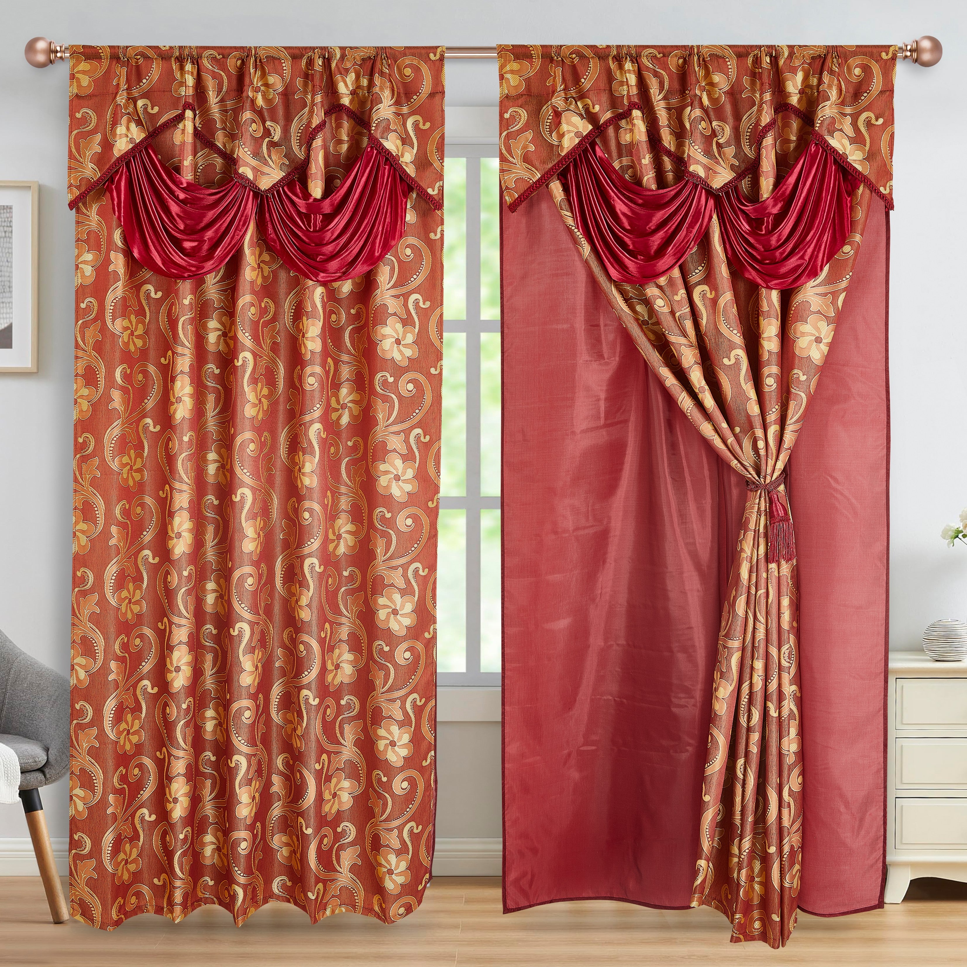 2 Pieces Amina Collection Jacquard Window Curtain With Valance and Backing (1750)