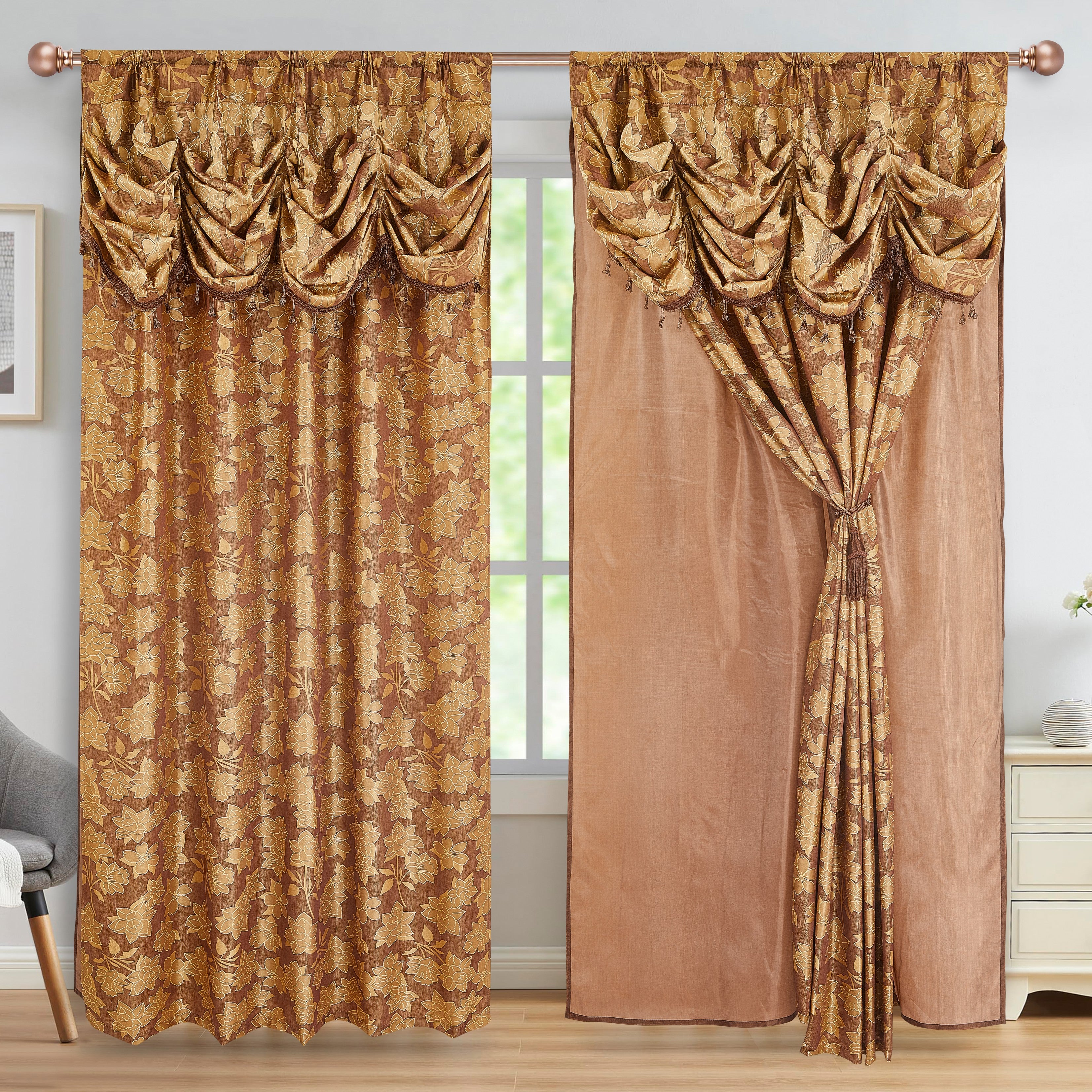 2 Pieces Amina Collection Jacquard Window Curtain With Valance and Backing (1749)