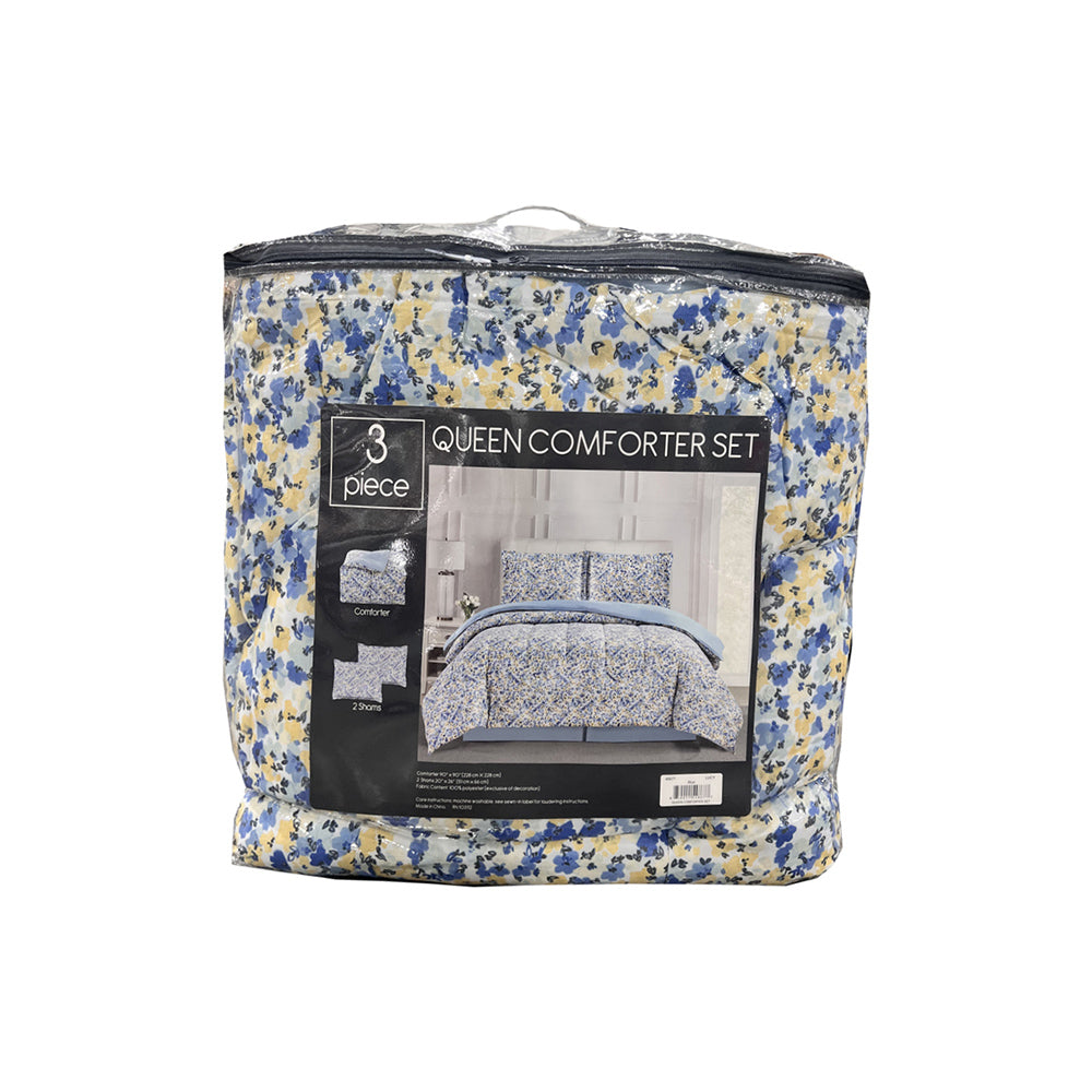QUEEN COMFORTER SET 3 PIECE FLORAL DESIGN-(SOLID CASE PACK 4 COMFORT SET)