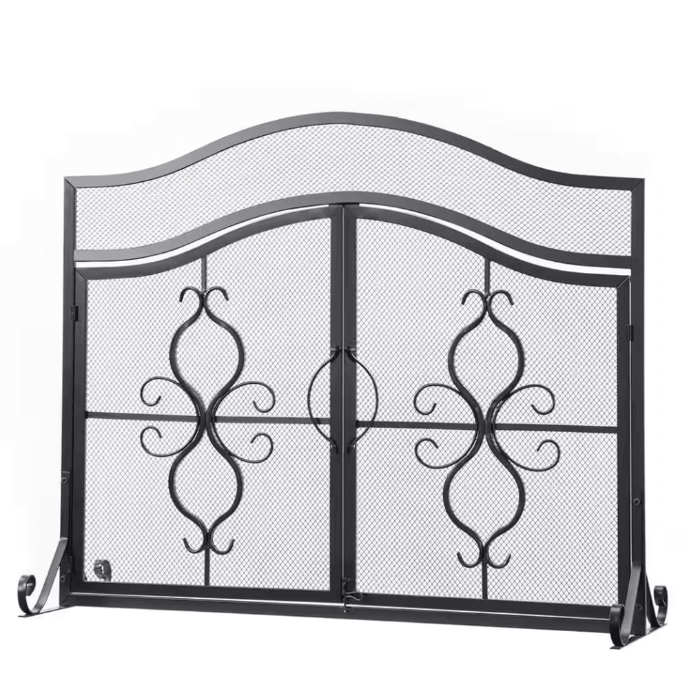 Brescia Black Iron 2-Panel Fireplace Screen with Decorative Filigree - Dahdoul Online