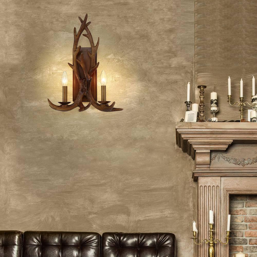 Bayonne 13.5 in. 2-Light Brown Vanity-Light with Deer Antler Design - Dahdoul Online