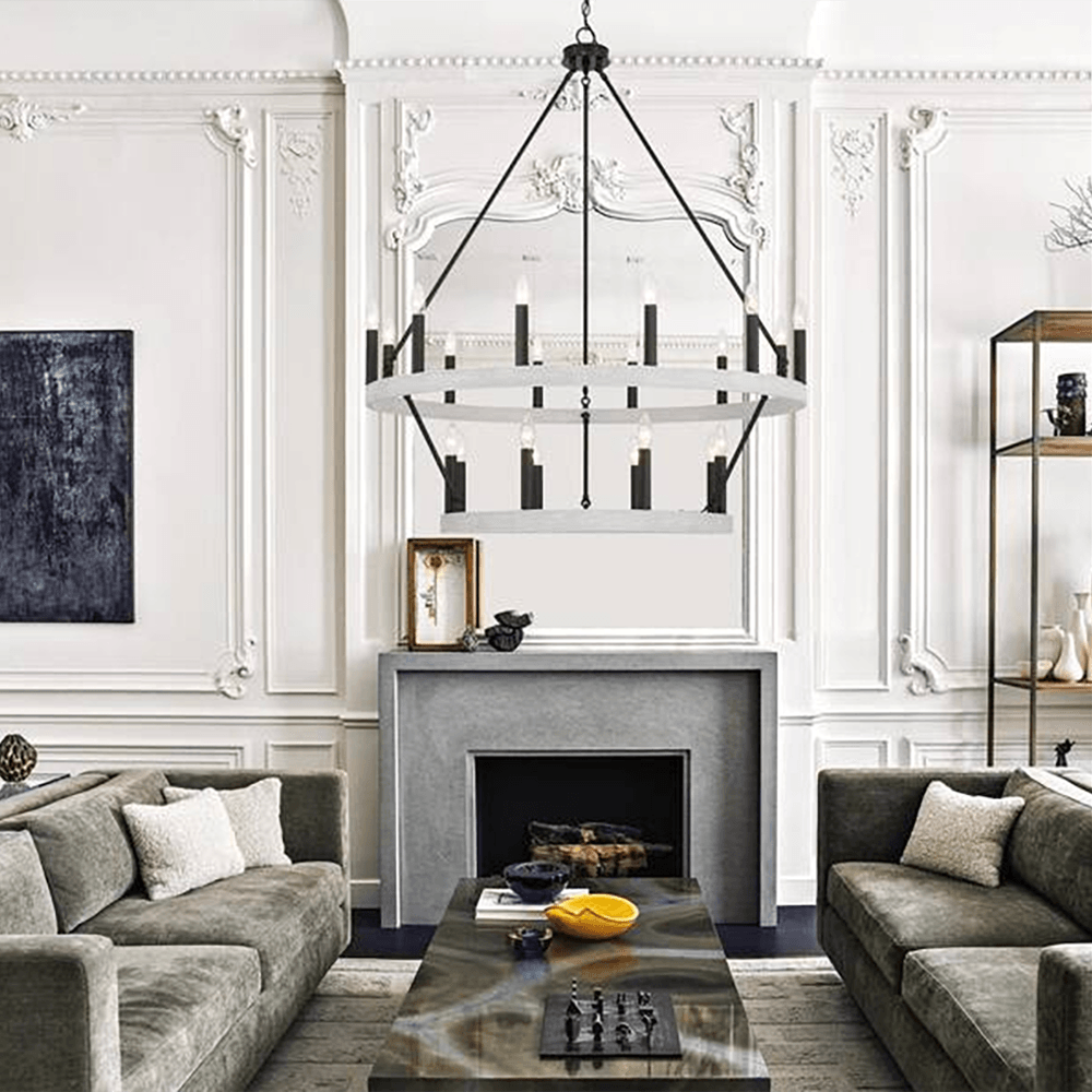 20-Lights Crackle White/Classic Black Candle Style Wagon Wheel Chandelier - Dahdoul Online