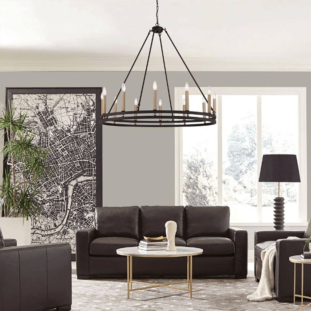 Antibes 12-Light Black/Brass Dust Wagon Wheel Chandelier - Dahdoul Online