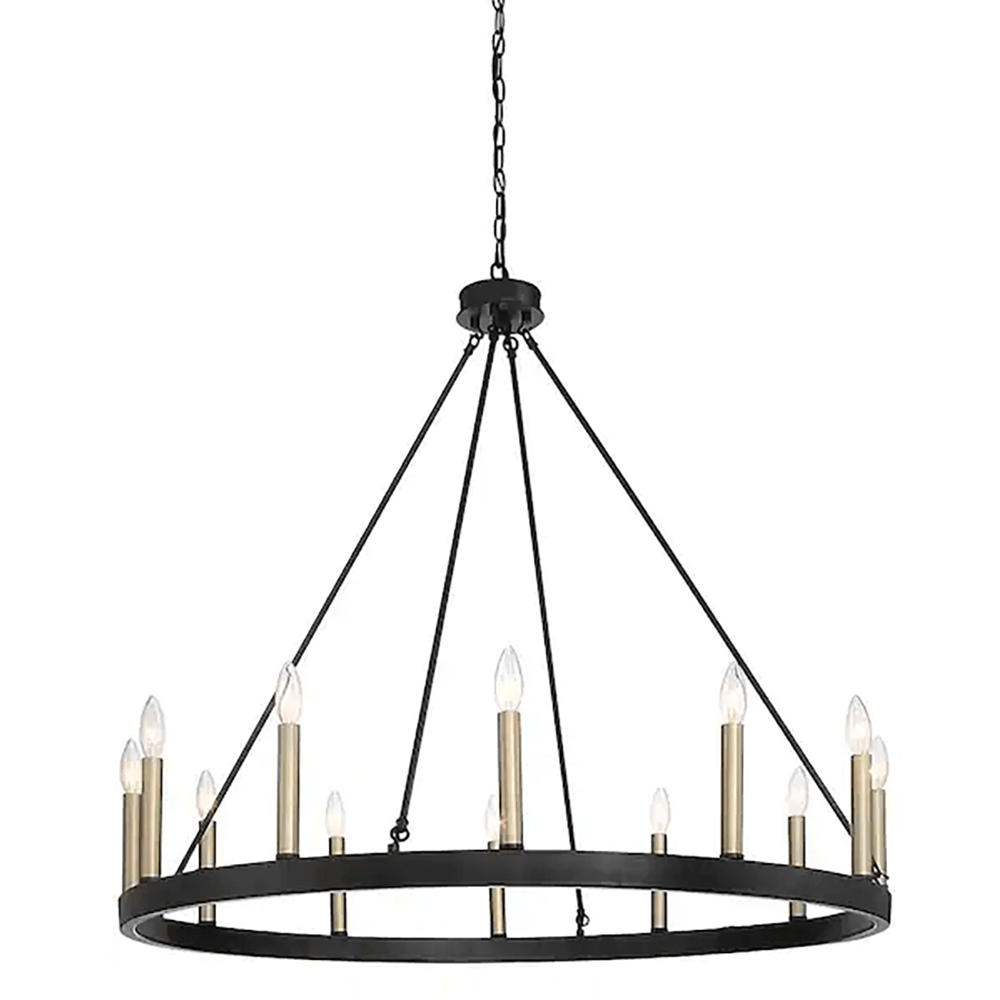 Farmhouse Vintage 12-Light Black and Brass Wagon Wheel Chandelier - Dahdoul Online