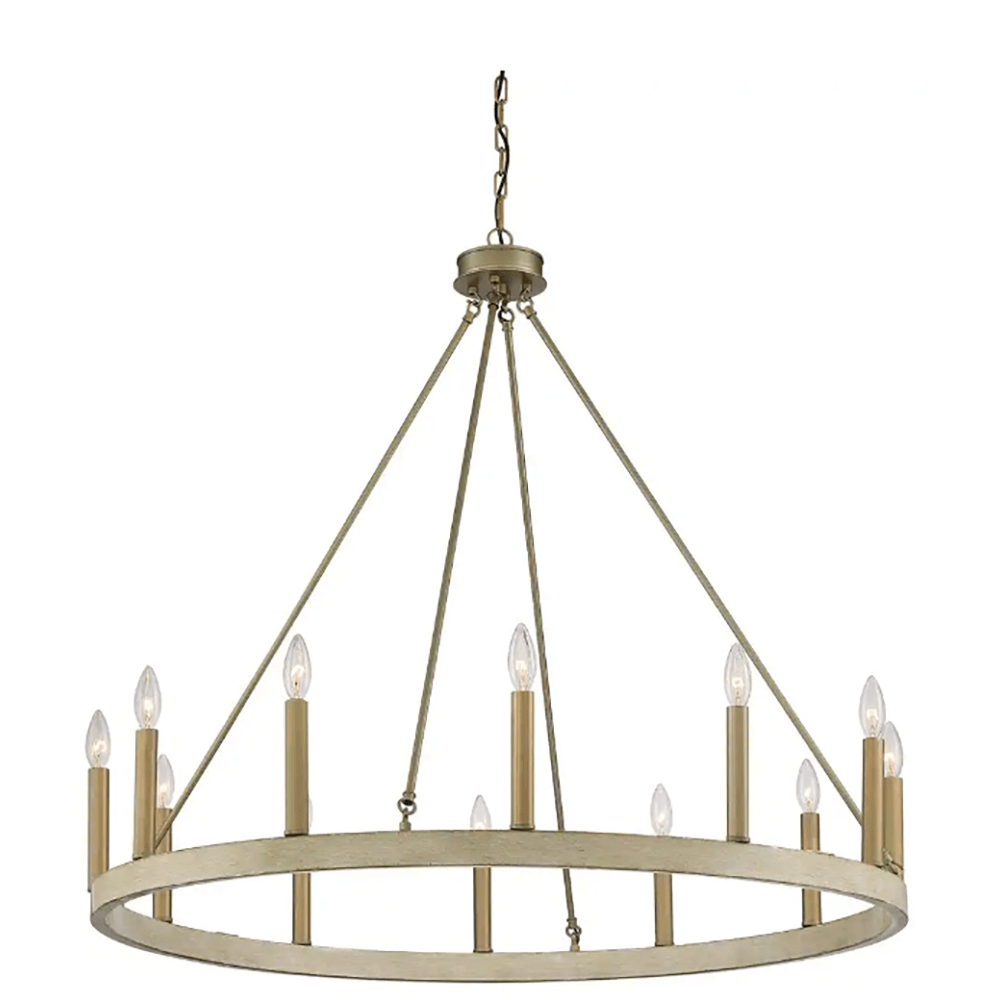 Farmhouse Vintage 12-Light Whitewood/Brass Wagon Wheel Chandelier - Dahdoul Online