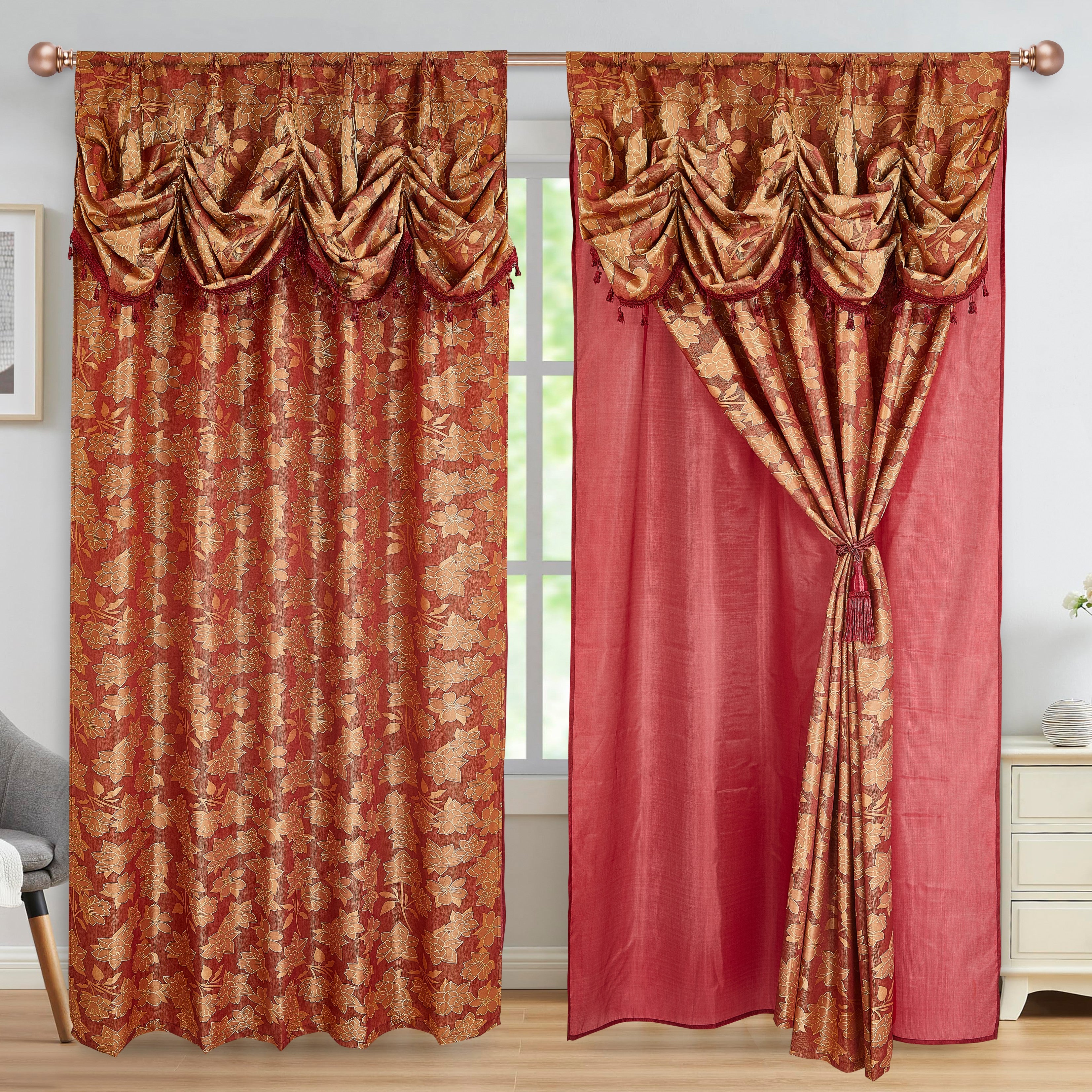 2 Pieces Amina Collection Jacquard Window Curtain With Valance and Backing (1749)