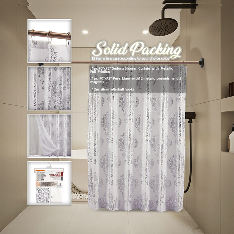 14 Piece Roaring Metallic Shower Curtain-(SOLID CASE PACK 12 ITEMS IN A CASE)