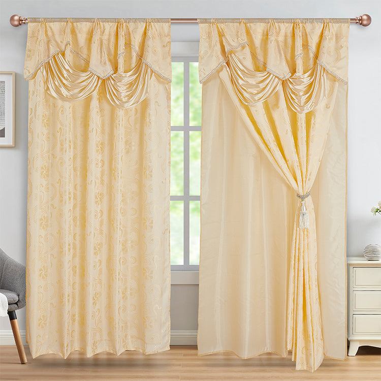 2 PIECES AMINA COLLECTION JACQUARD WINDOW CURTAIN WITH VALANCE AND BACKING (1750)-(SOLID CASE PACK 12 CURTAINS PER CASE DESIGN)