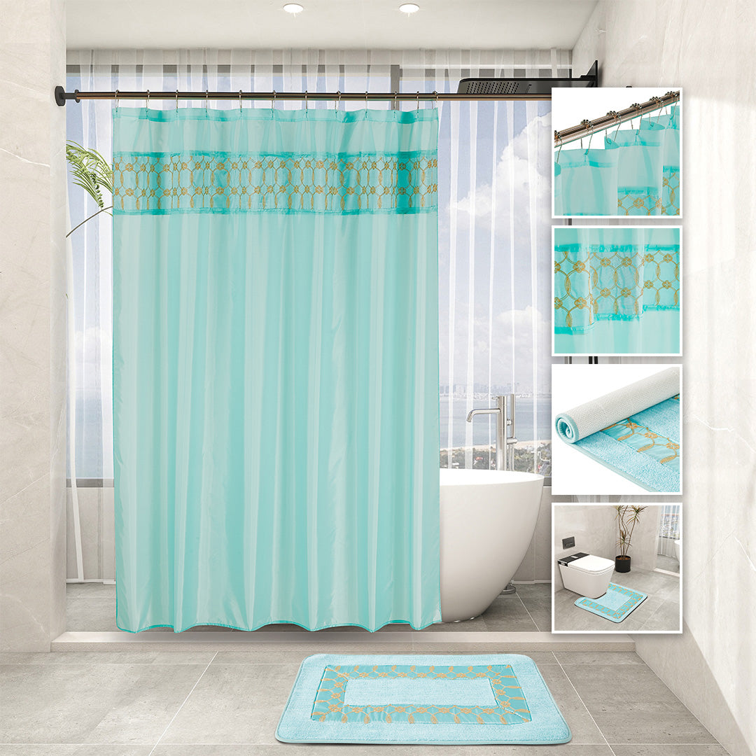 Aqua 7-piece bathroom set with embroidered shower curtain, two rugs, towel trio, and hooks.