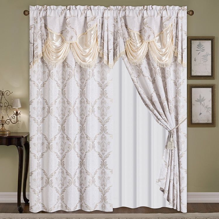 2 Pieces Amina Collection Jacquard Window Curtain With Valance and Backing(SOLID CASE PACK 12 CURTAINS PER CASE DESIGN)