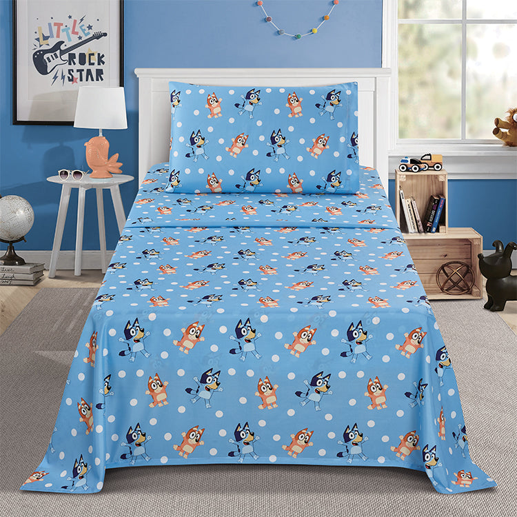 3 Piece "Blue Polka Dots" Bluey Twin BBC Bed sheet Set