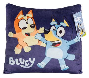 Bluey and Bingo cartoon decorative throw pillow on a navy blue cushion cover.