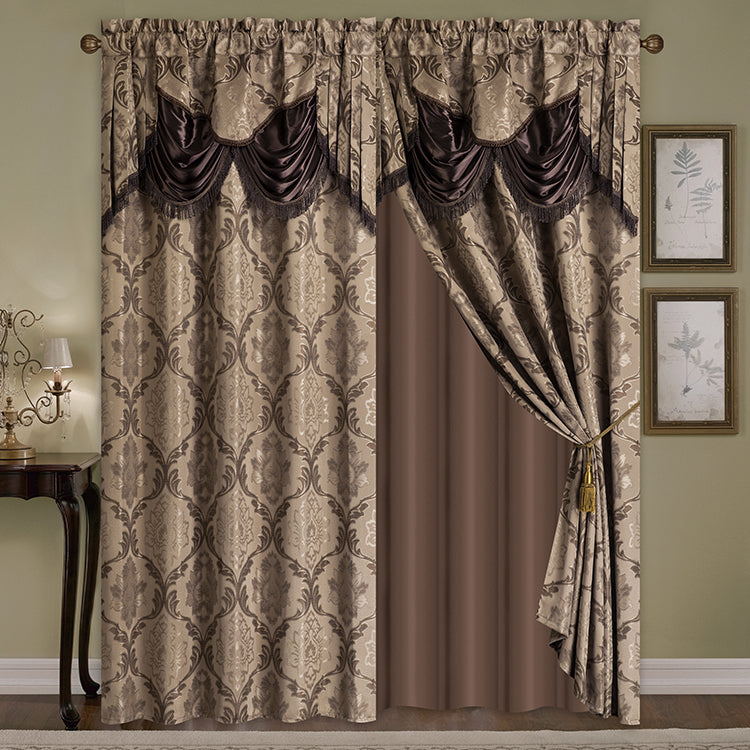 2 Pieces Amina Collection Jacquard Window Curtain With Valance and Backing(SOLID CASE PACK 12 CURTAINS PER CASE DESIGN)