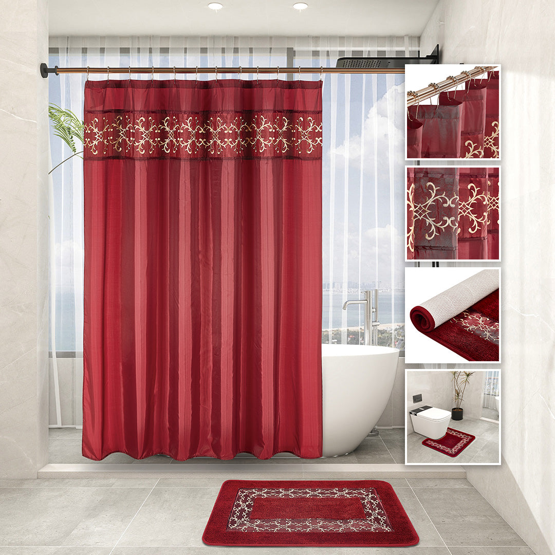 Burgundy 7-piece bathroom set featuring gold embroidery, two rugs, towel set, and curtain hooks.