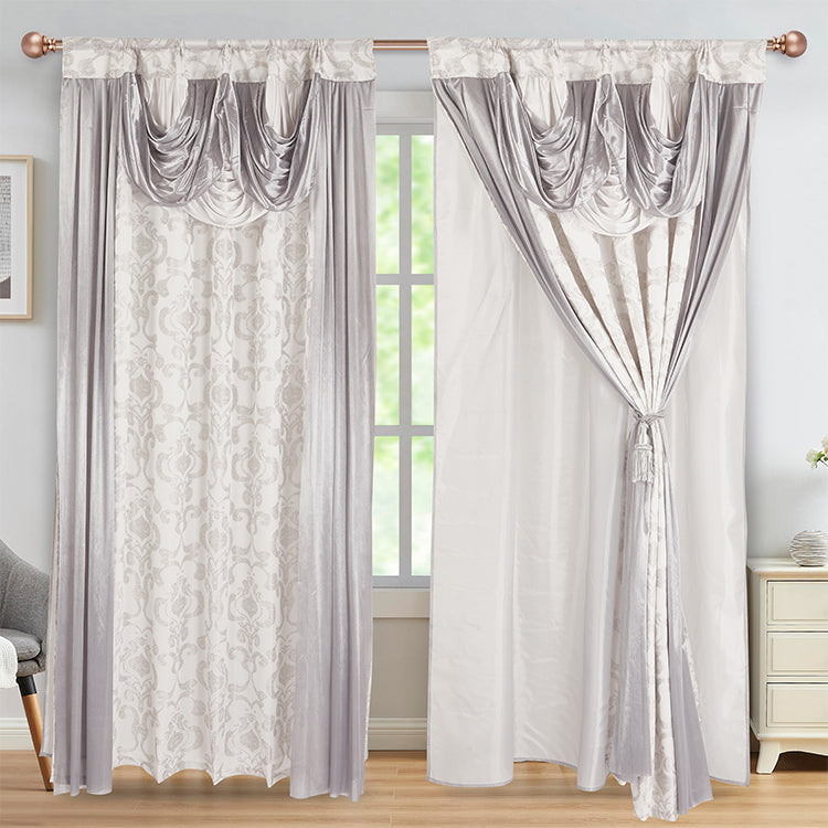 2 PIECES AMINA COLLECTION JACQUARD WINDOW CURTAIN WITH VALANCE AND BACKING (1755-2)- (SOLID CASE PACK 12 CURTAINS PER CASE DESIGN)