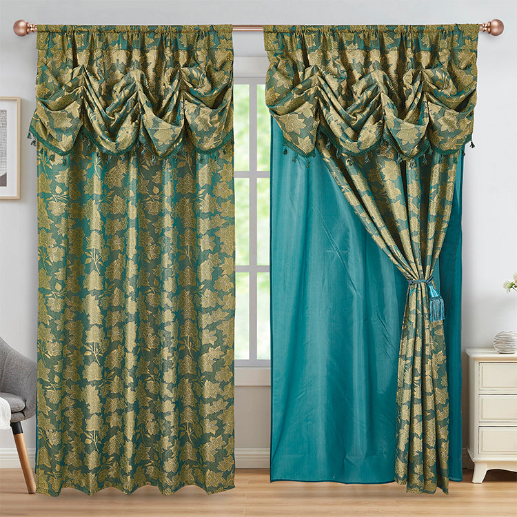 2 PIECES AMINA COLLECTION JACQUARD WINDOW CURTAIN WITH VALANCE AND BACKING (1749) - (SOLID CASE PACK 12 CURTAINS PER CASE DESIGN)