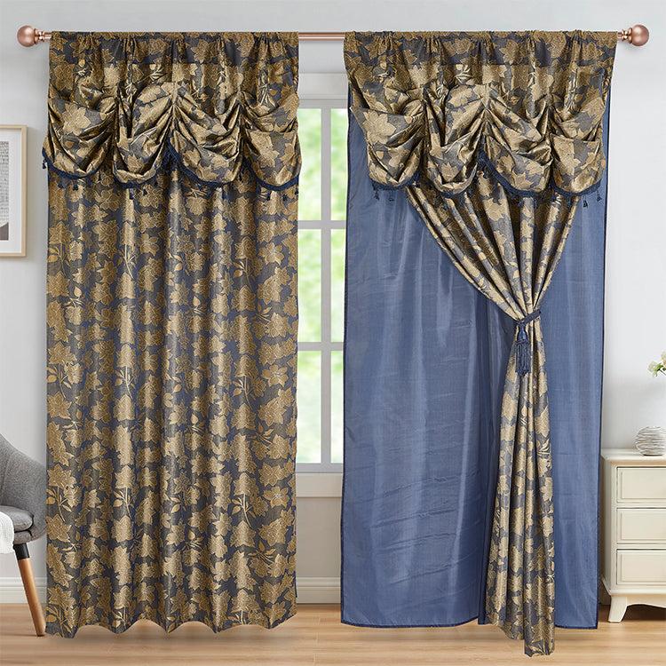 2 PIECES AMINA COLLECTION JACQUARD WINDOW CURTAIN WITH VALANCE AND BACKING (1749) - (SOLID CASE PACK 12 CURTAINS PER CASE DESIGN)
