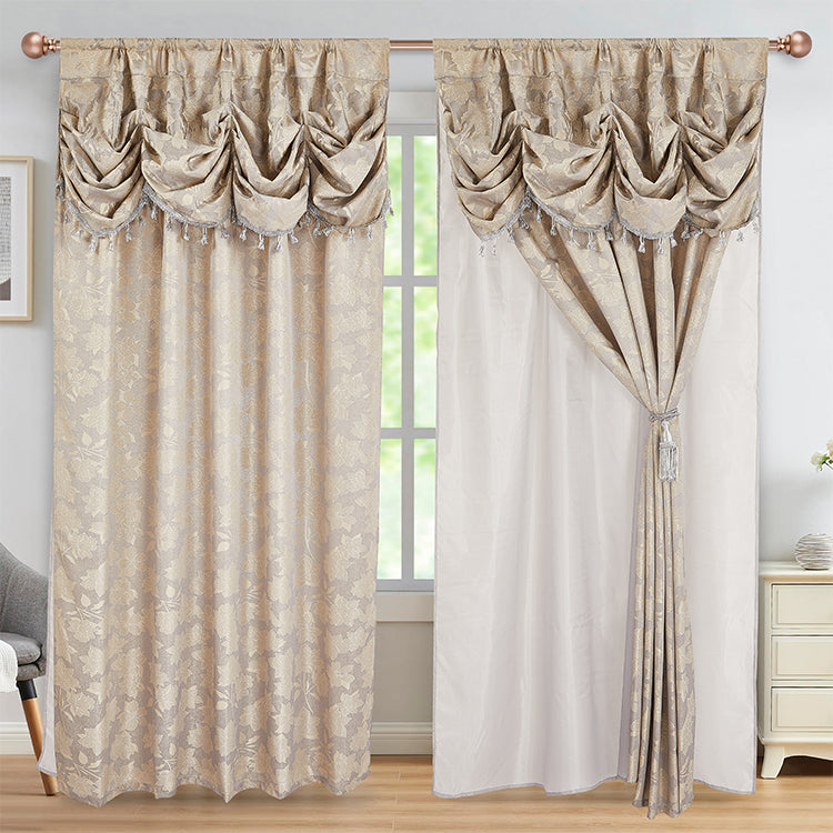 2 PIECES AMINA COLLECTION JACQUARD WINDOW CURTAIN WITH VALANCE AND BACKING (1749) - (SOLID CASE PACK 12 CURTAINS PER CASE DESIGN)
