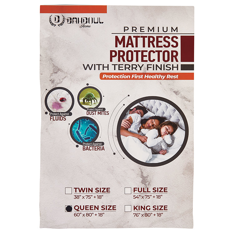 PREMIUM MATTRESS PROTECTOR WITH TERRY FINISH-(SOLID CASE PACK 12 MATTRESS PROTECTOR PER-CASE)