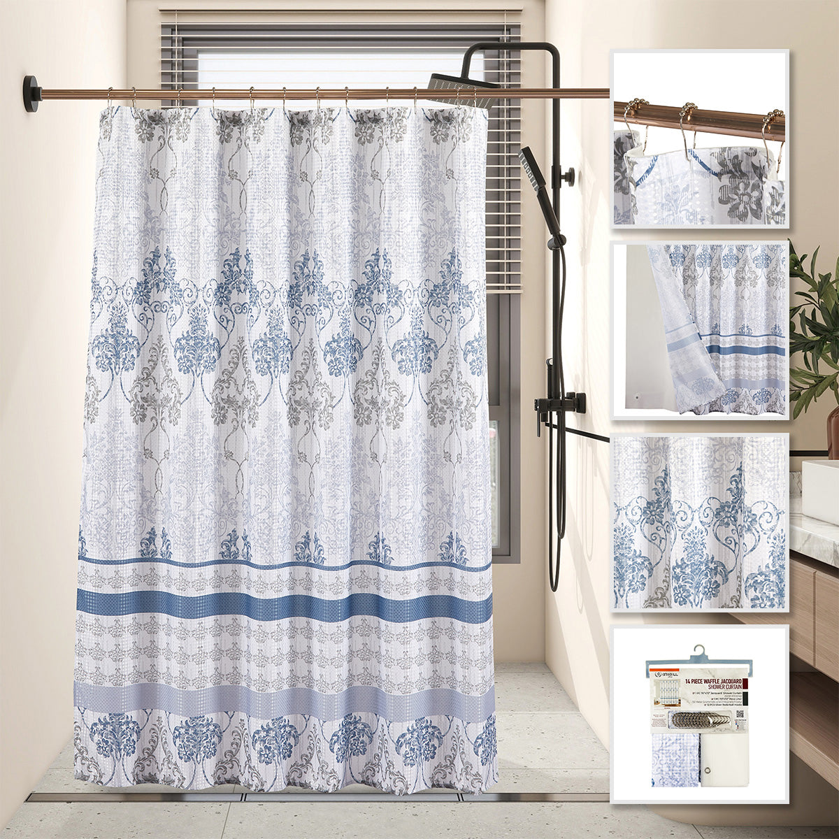 Modern geometric waffle jacquard shower curtain with gray diamond pattern