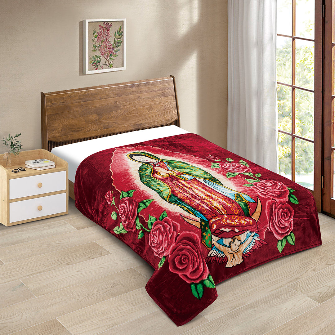 HEAVY WEIGHT 2 PLY BLANKET VIRGEN DE GUADALUPE/BURGUNDY-(SOLID CASE PACK 5 BLANKETS PER CASE)