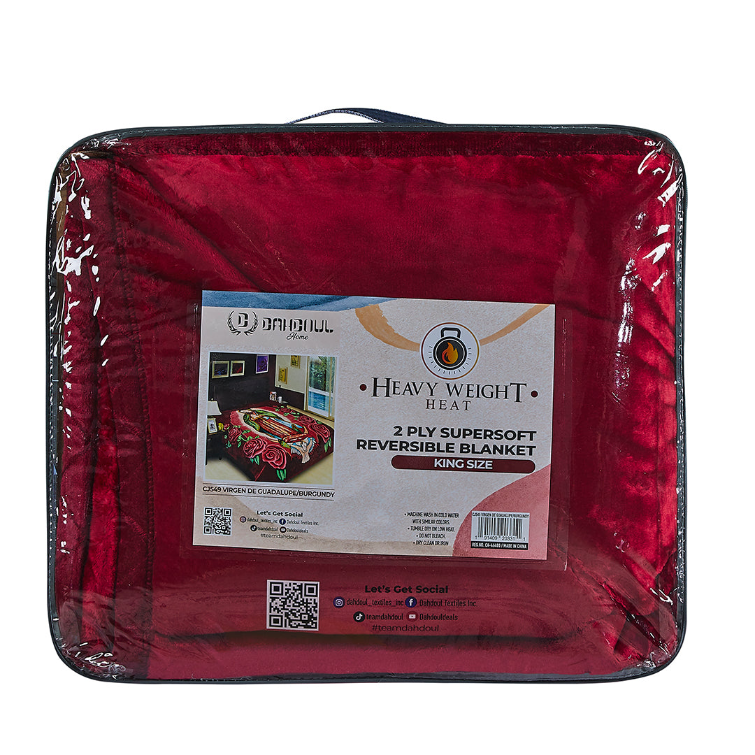 HEAVY WEIGHT 2 PLY BLANKET VIRGEN DE GUADALUPE/BURGUNDY-(SOLID CASE PACK 5 BLANKETS PER CASE)
