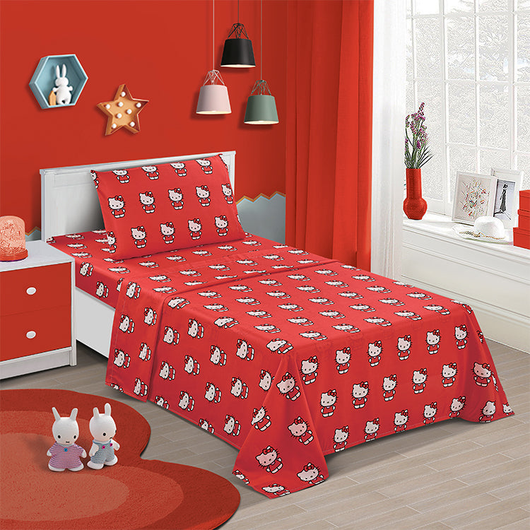 3 Piece "Classic Girl in Red" Hello Kitty Twin Sanrio Bed sheet Set