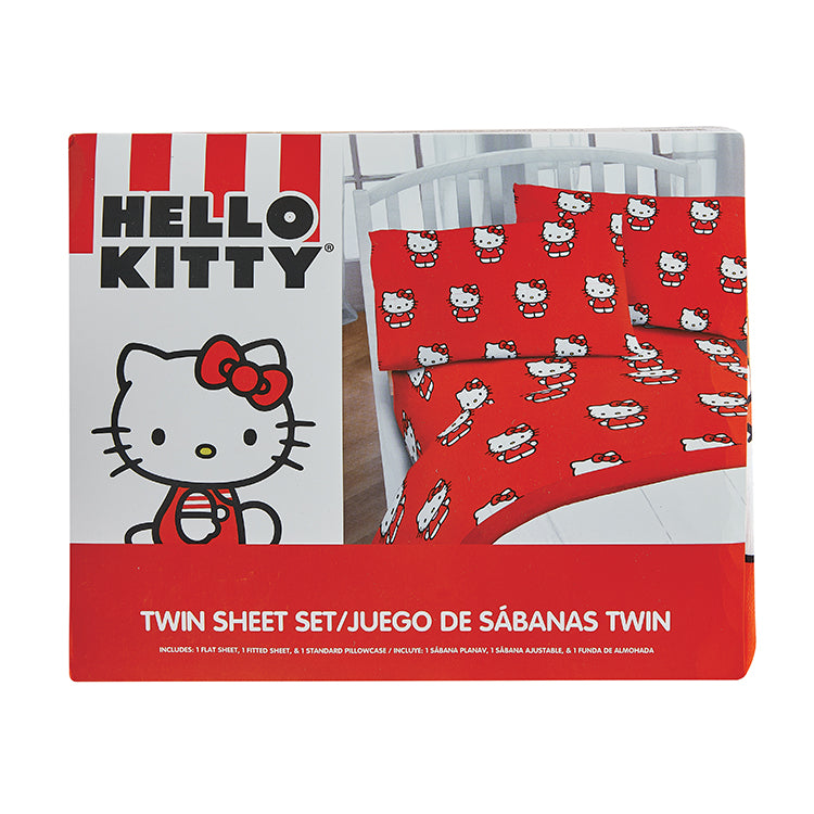 3 Piece "Classic Girl in Red" Hello Kitty Twin Sanrio Bed sheet Set - Solid Packing (8 Items in a Case)