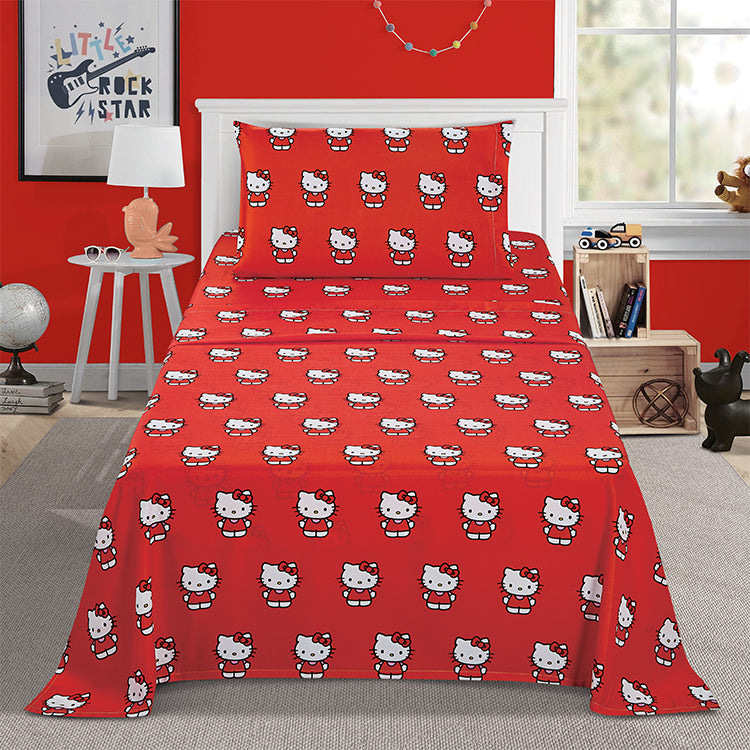 3 Piece "Classic Girl in Red" Hello Kitty Twin Sanrio Bed sheet Set