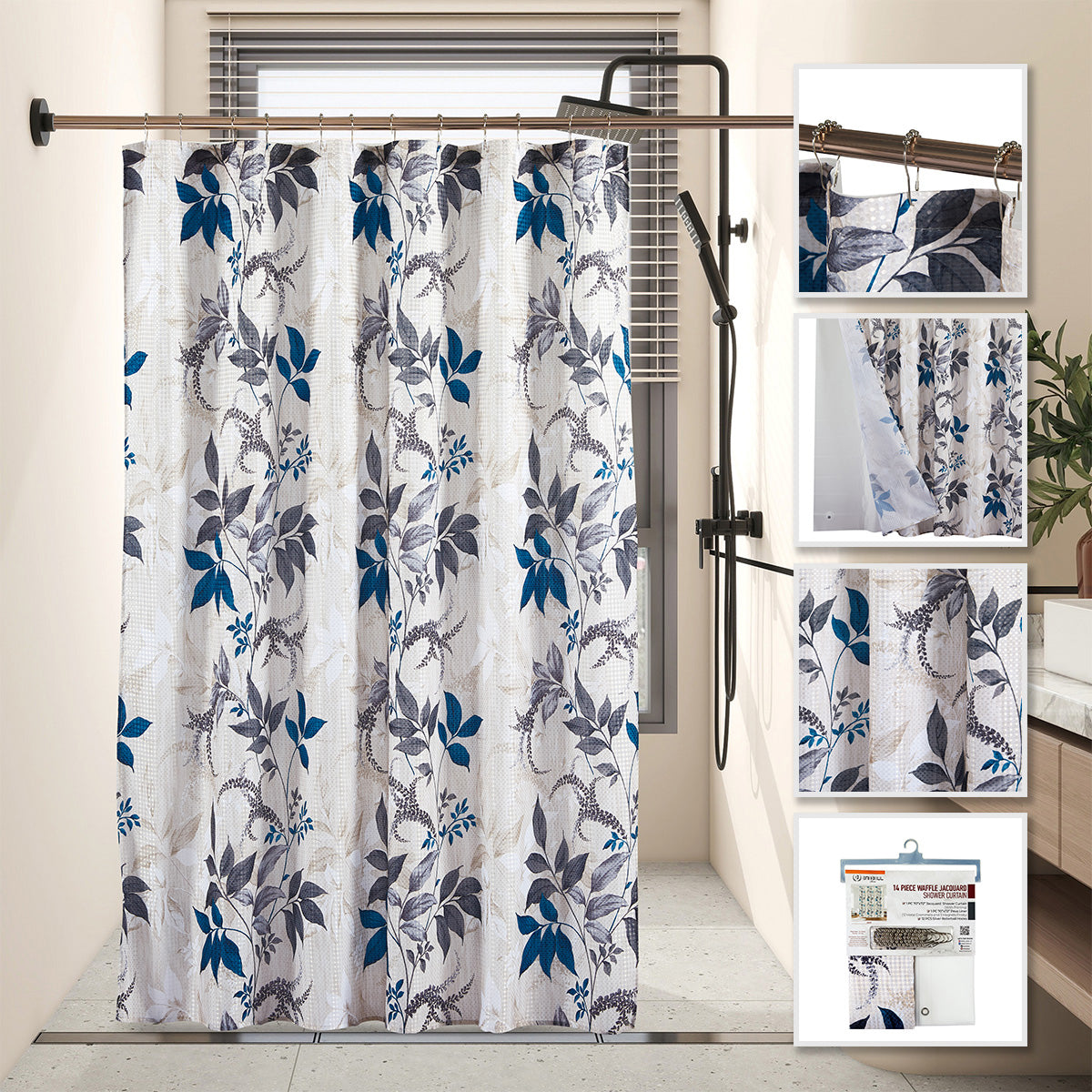 Blue and gray leaf pattern waffle jacquard shower curtain for bathroom decor