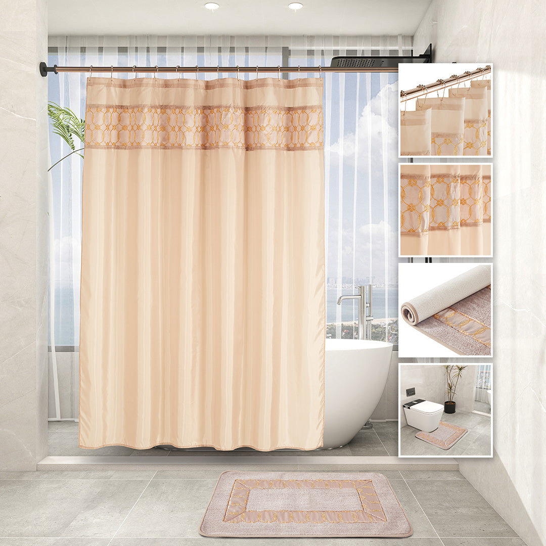 Light Taupe 7-piece coordinated bathroom set with embroidered curtain, rugs, towels, and hooks.