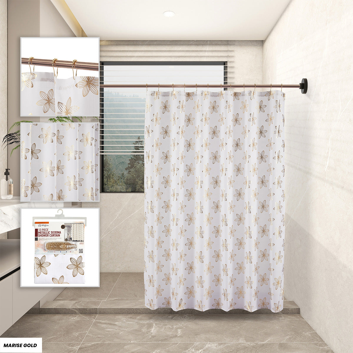 Marise Gold Shower Curtain – Gold metallic floral design on white polyester, 70"x72", includes 12 matching rollerball hooks, water-repellent