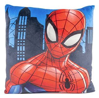 Marvel Spider-Man decorative throw pillow featuring Spider-Man in front of a city skyline on a blue cushion cover.