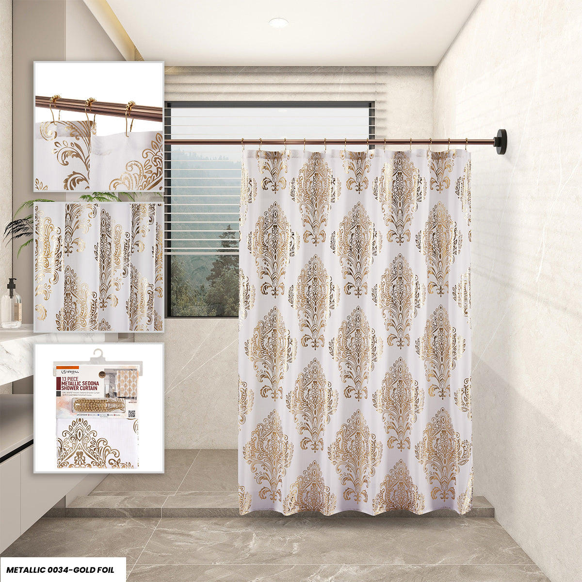 Metallic Sedona Gold Foil Shower Curtain Set – Elegant gold damask pattern, includes 12 gold rollerball hooks, 70"x72", water-repellent polyester.