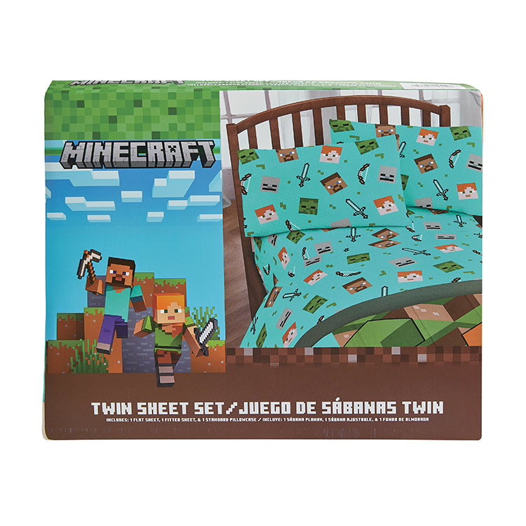 3 PIECE TWIN BEDSHEET SET "Blocks" Minecraft Twin Minecraft-(SOLID PACKING: 08 ITEMS IN A CASE)