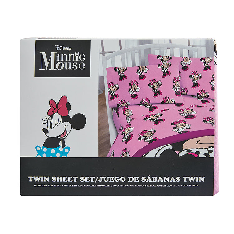 3 Piece "Polka Dot Bow (Pink)" Minnie Twin Disney Bed sheet Set