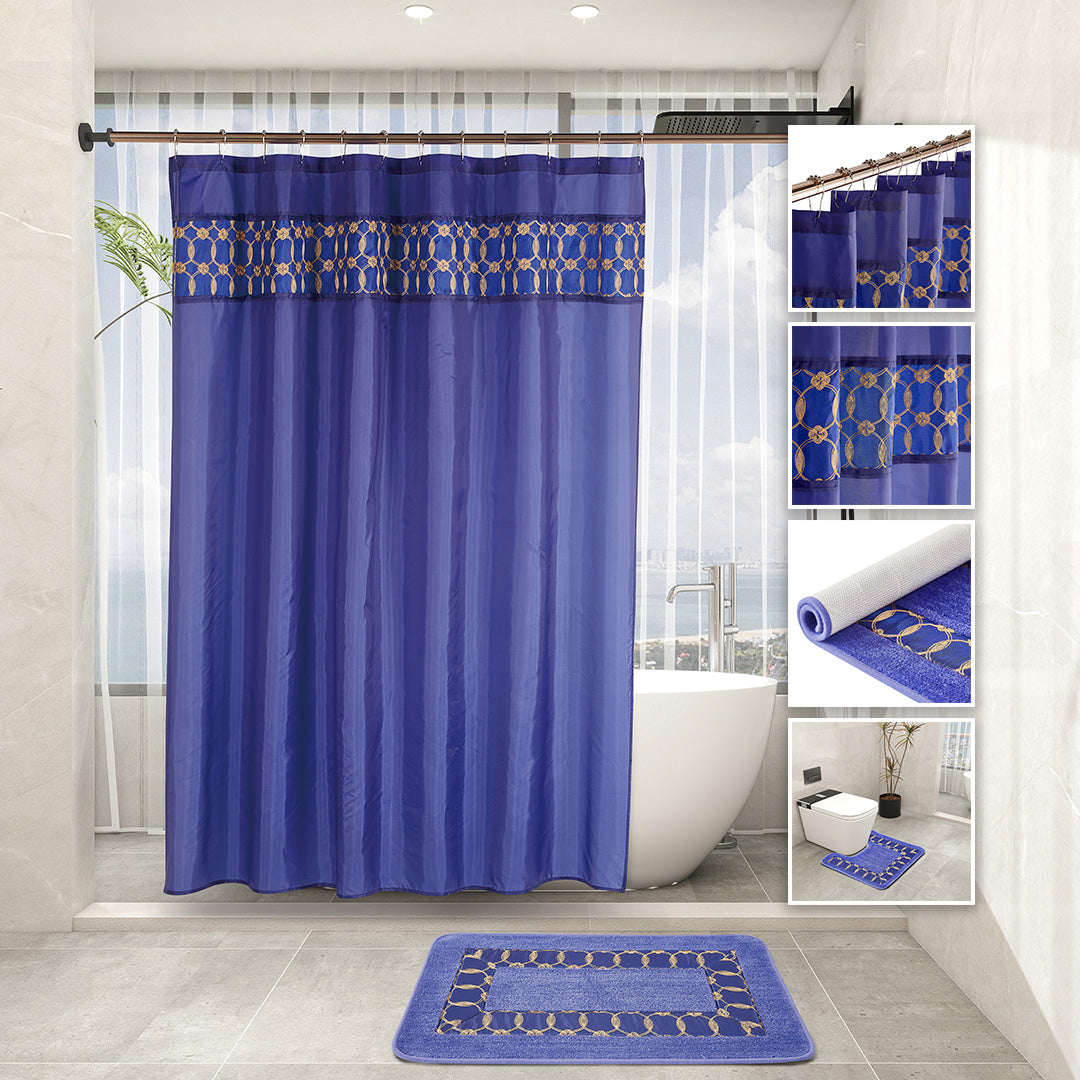 Navy 7-piece bathroom set with gold embroidery, plush rugs, towel trio, and curtain hooks.