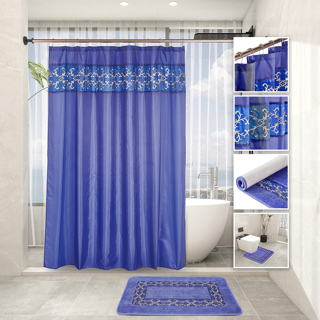 Navy 7-piece bathroom set with gold embroidery, plush rugs, towel trio, and curtain hooks.
