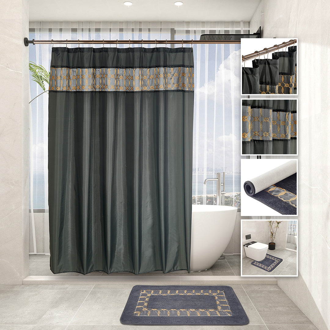 Oxford grey-blue 7-piece bathroom set with embroidered curtain, two rugs, towel set, and hooks.