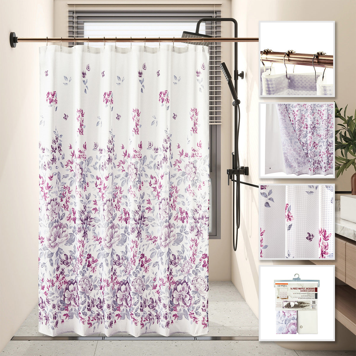 Violet and lavender floral waffle jacquard shower curtain with soft white background