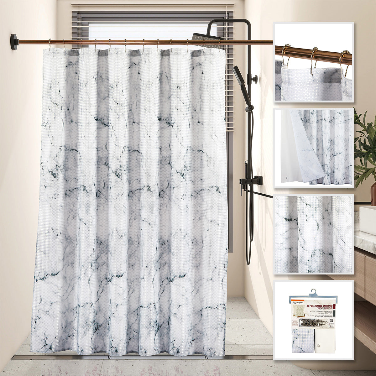 14 Piece Waffle Jacquard Shower Curtain "Violet" - (SOLID CASE PACK 12 CURTAINS PER CASE)