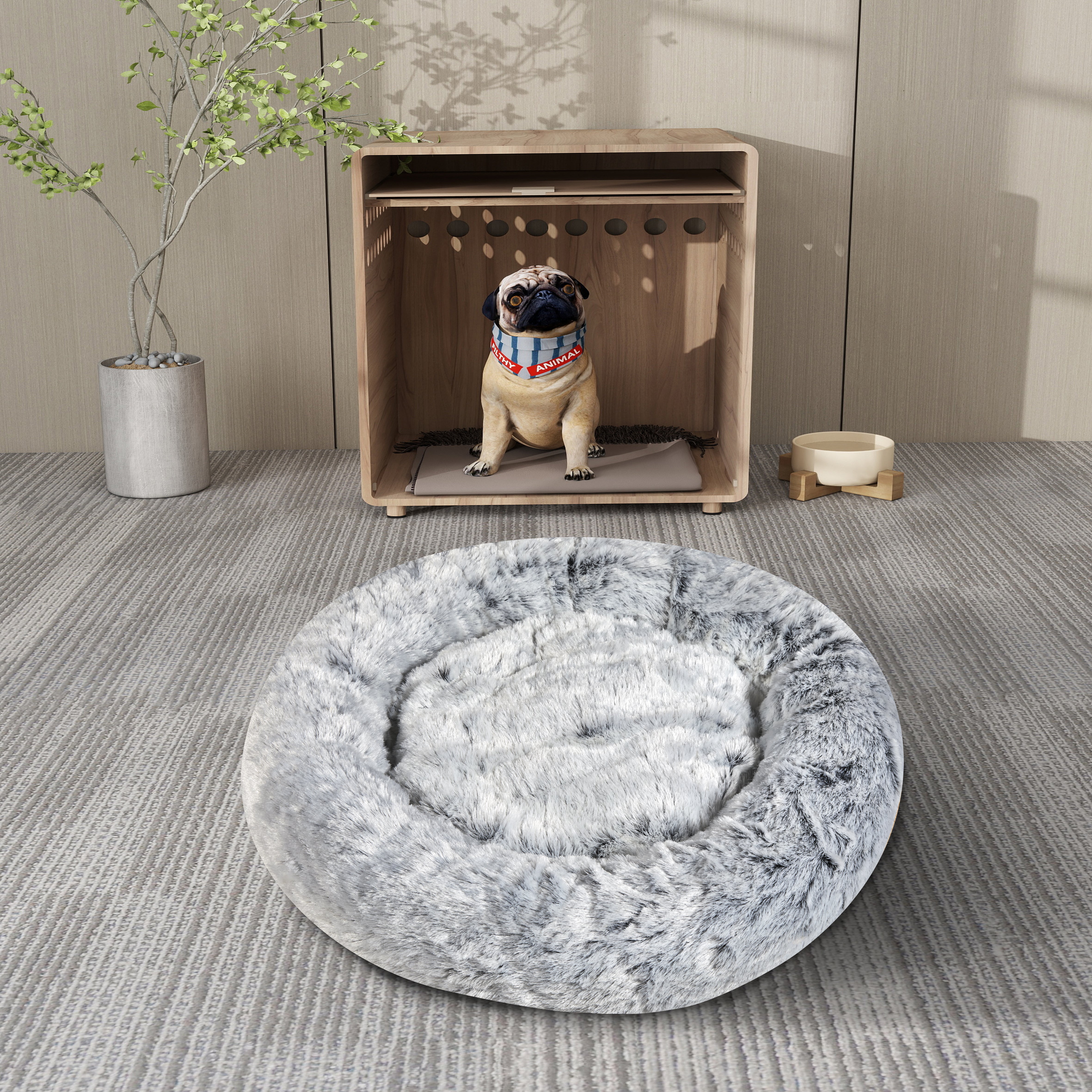 Round Calming Pet Bed with Ultra-Soft Plush Fabric, Cozy Donut Bed for Cats and Small to Medium Dogs