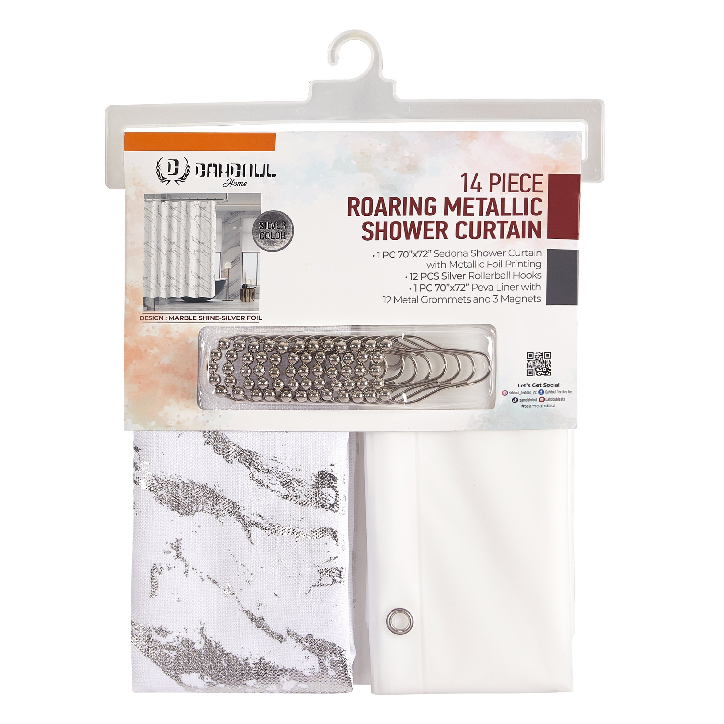 14 Piece "Marble Shine-Silver Foil" Roaring Metallic Shower Curtain