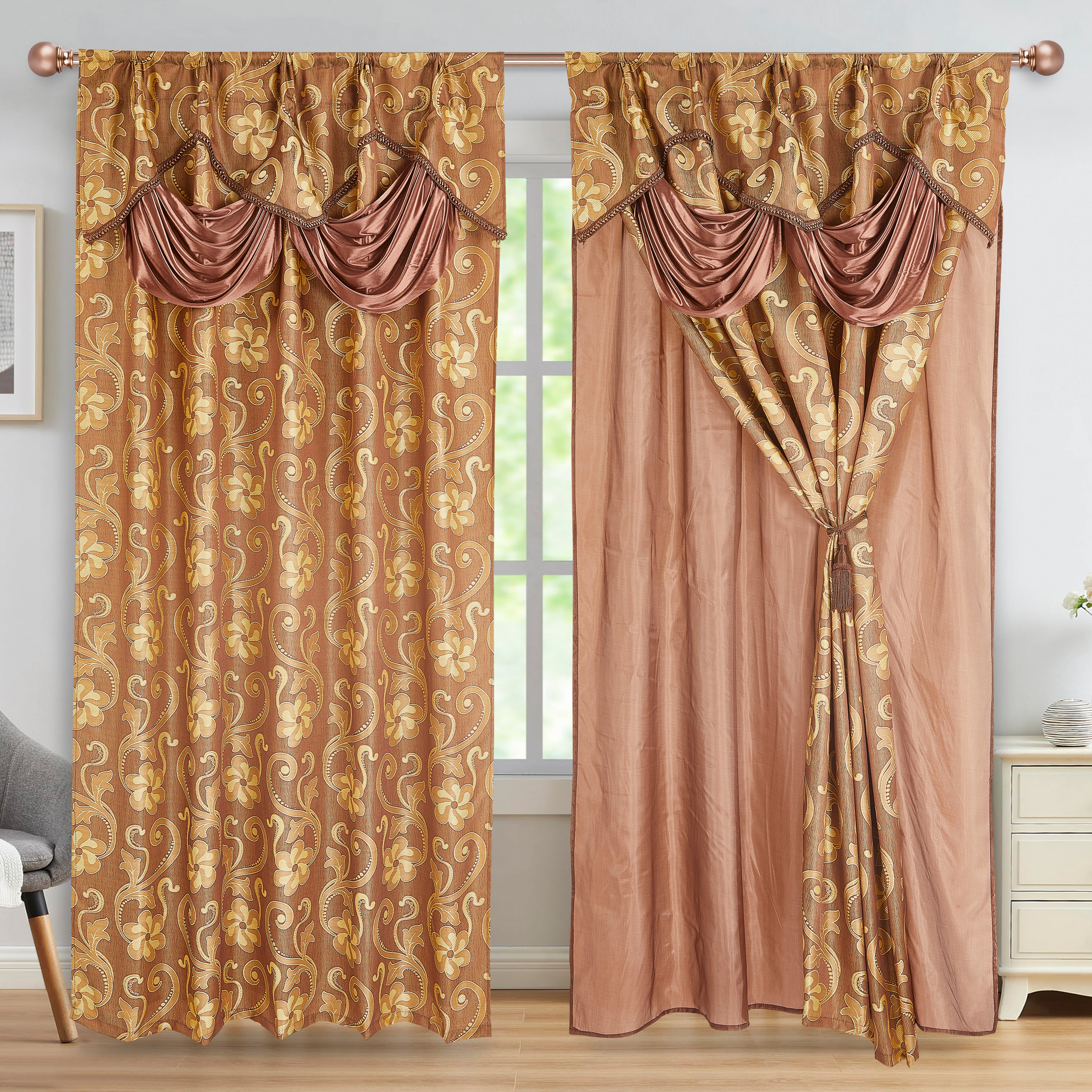 2 Pieces Amina Collection Jacquard Window Curtain With Valance and Backing (1750)