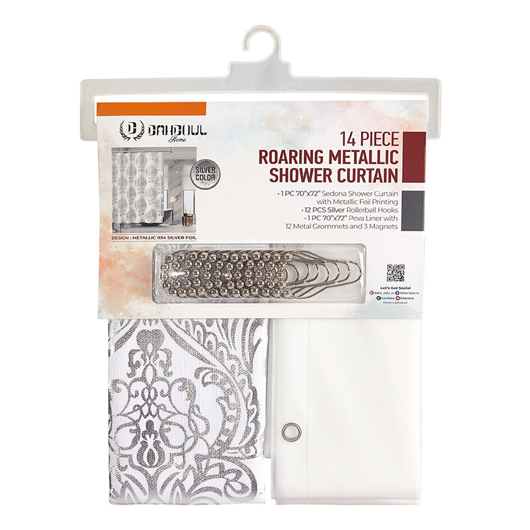 14 Piece "Metallic 034 Silver Foil" Roaring Metallic Shower Curtain