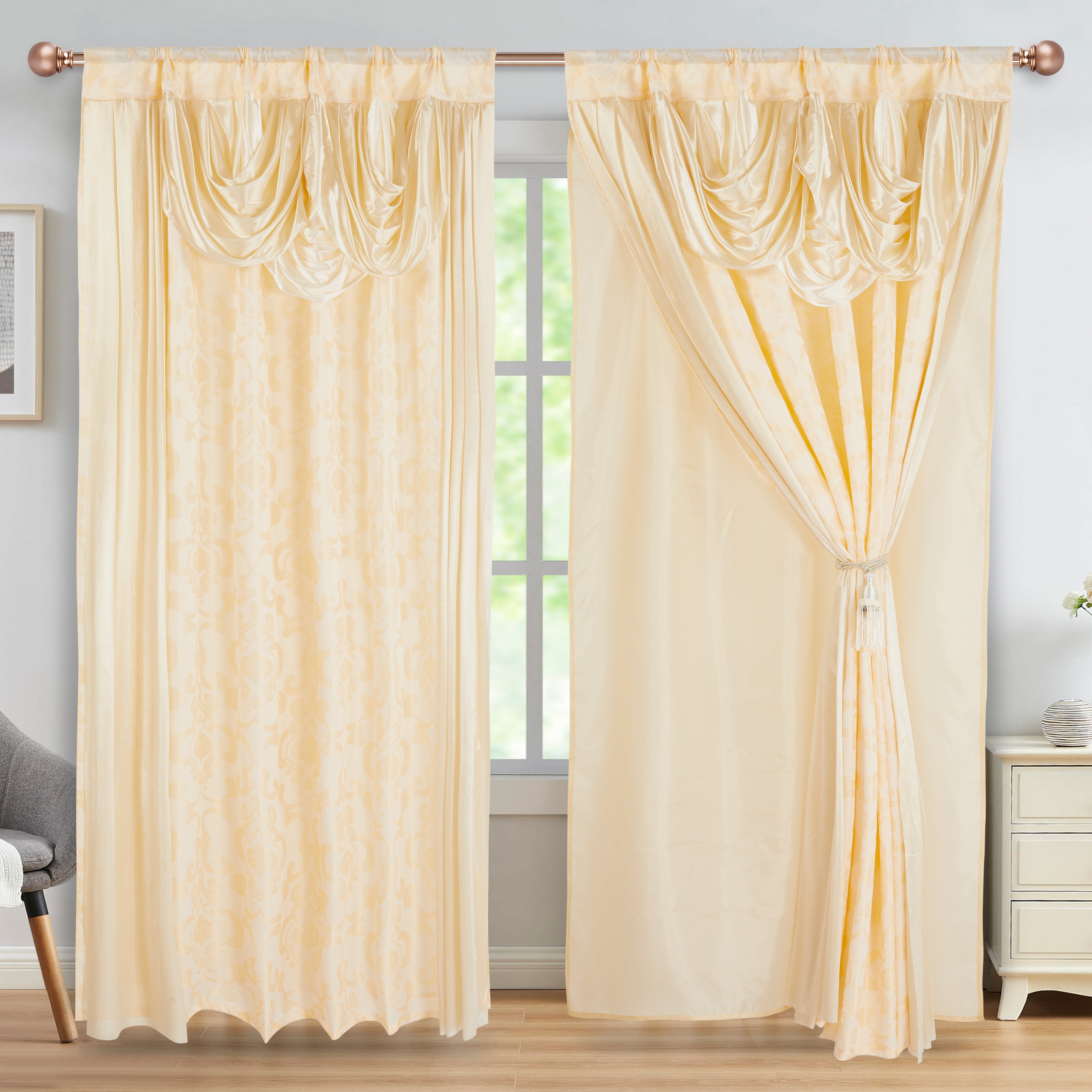 2 Pieces Amina Collection Jacquard Window Curtain With Valance and Backing (1755-2)