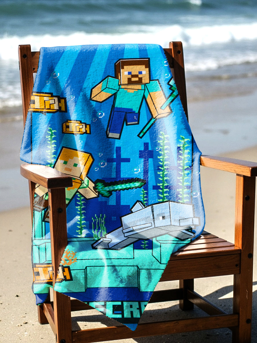 BEACH TOWEL 27"x54"- Minecraft “Underwater Fun” (SOLID PACKING 24 TOWELS PER CASE)