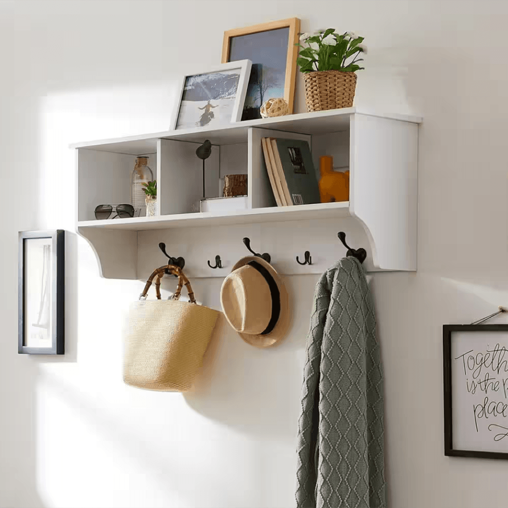 Troyes White 5 Hook Wall Mounted Coat Rack With Storage