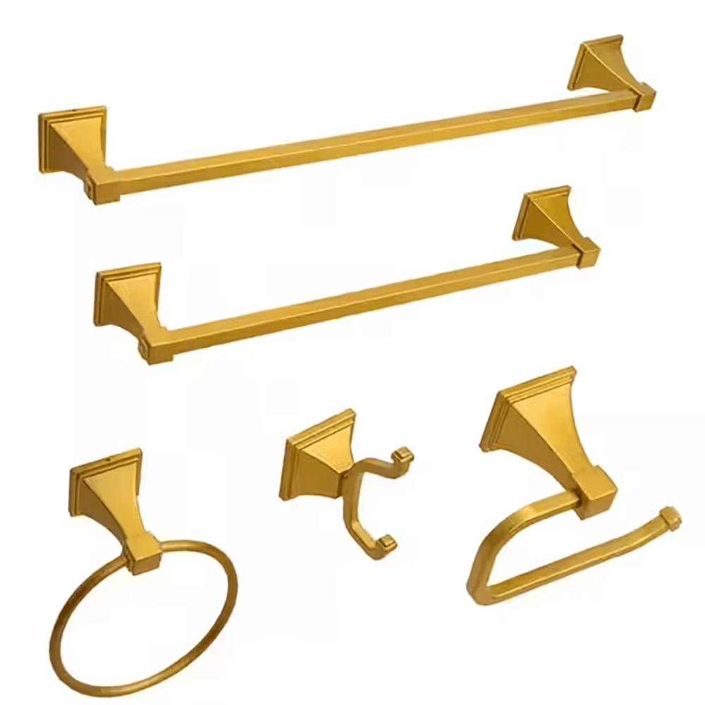 Narbonne 5-Piece Bath Hardware Set with Towel Hook and Ring Toilet Paper Holder Towel Bars in Brushed Golden Brass - Dahdoul Online