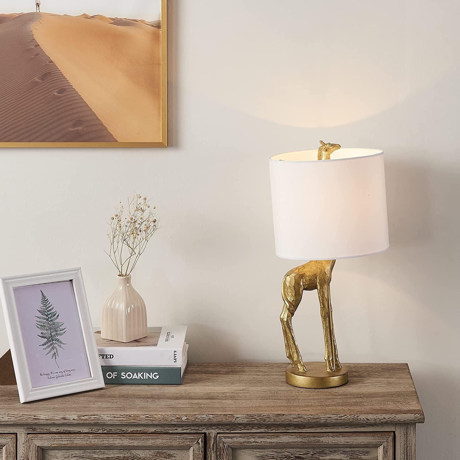 Vanity Art 16.54" Indoor Gold Table Lamp with Fabric Shade | Modern Farmhouse Bedside Lamp Giraffe Table Lamp for Bedroom, Living Room, Office, College Dorm - Dahdoul Online